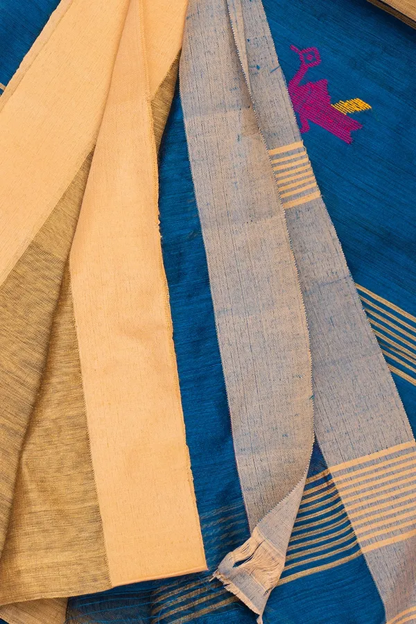 Handloom_Golden_&_Blue_Kota_Silk_X_Acrylic_Cotton_Saree