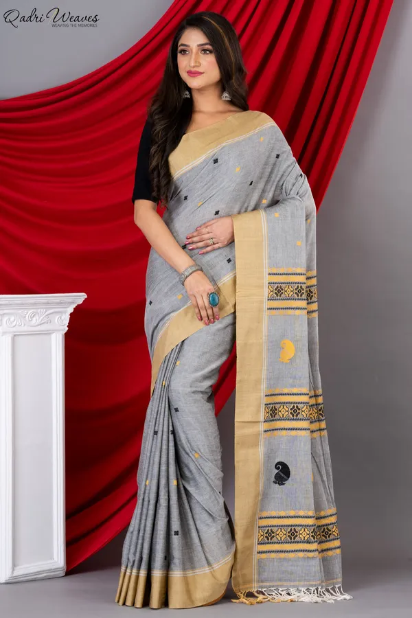 Handloom_Grey_Mercerized_Premium_(100/2_Count)_Cotton_Saree