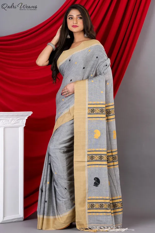 Handloom_Grey_Mercerized_Premium_(100/2_Count)_Cotton_Saree