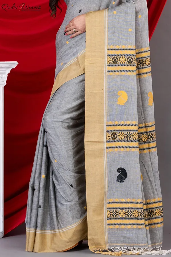 Handloom_Grey_Mercerized_Premium_(100/2_Count)_Cotton_Saree