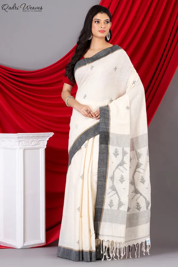 Handloom_Ivory_Pure_Khadi_Jamdani_Saree
