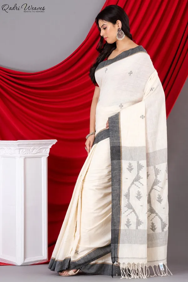 Handloom_Ivory_Pure_Khadi_Jamdani_Saree