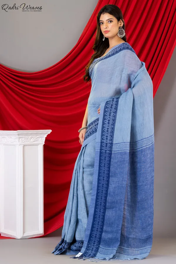 Handloom_Light_Blue_Grey_Intricate_Thick_Border_Work_Linen_Saree