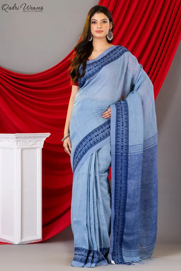Handloom_Light_Blue_Grey_Intricate_Thick_Border_Work_Linen_Saree