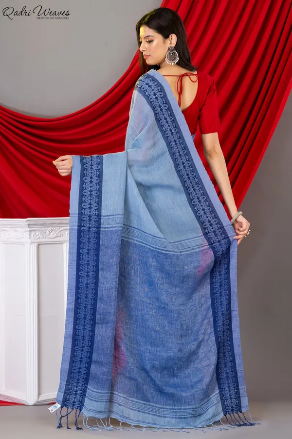 Handloom_Light_Blue_Grey_Intricate_Thick_Border_Work_Linen_Saree