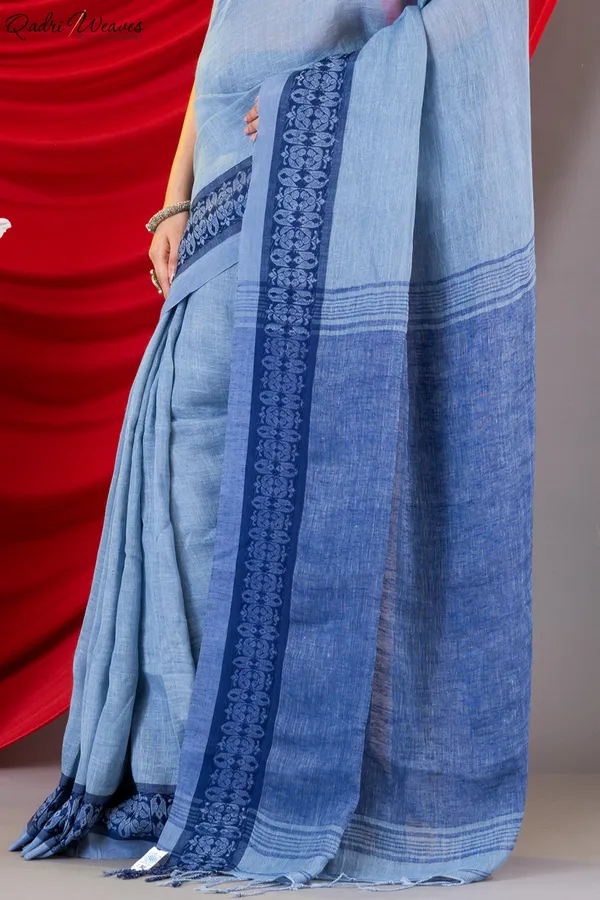 Handloom_Light_Blue_Grey_Intricate_Thick_Border_Work_Linen_Saree
