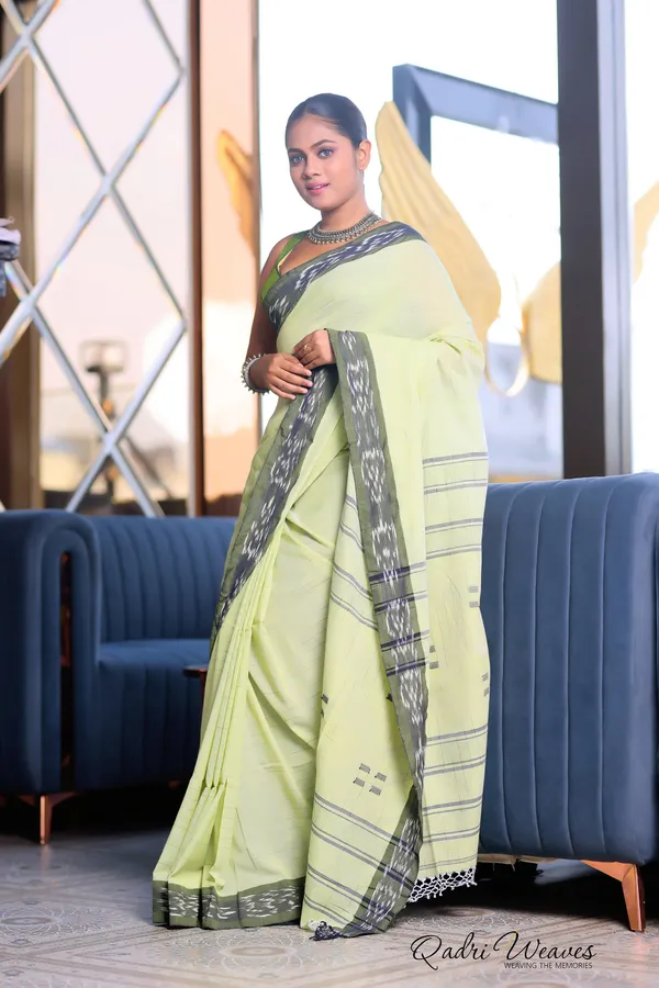 Handloom_Light_Green_Check_With_Striped_Pallu_Pure_Premium_Cotton_Ikat_Saree