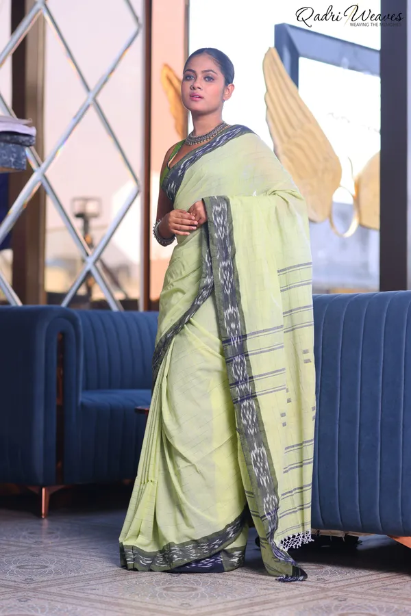 Handloom_Light_Green_Check_With_Striped_Pallu_Pure_Premium_Cotton_Ikat_Saree
