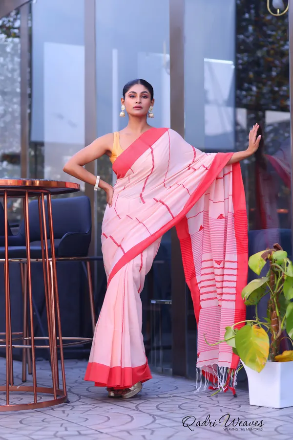 Handloom_Light_Red_Kantha_Design_With_Stylish_Striped_Pallu_Premium_Cotton_Saree