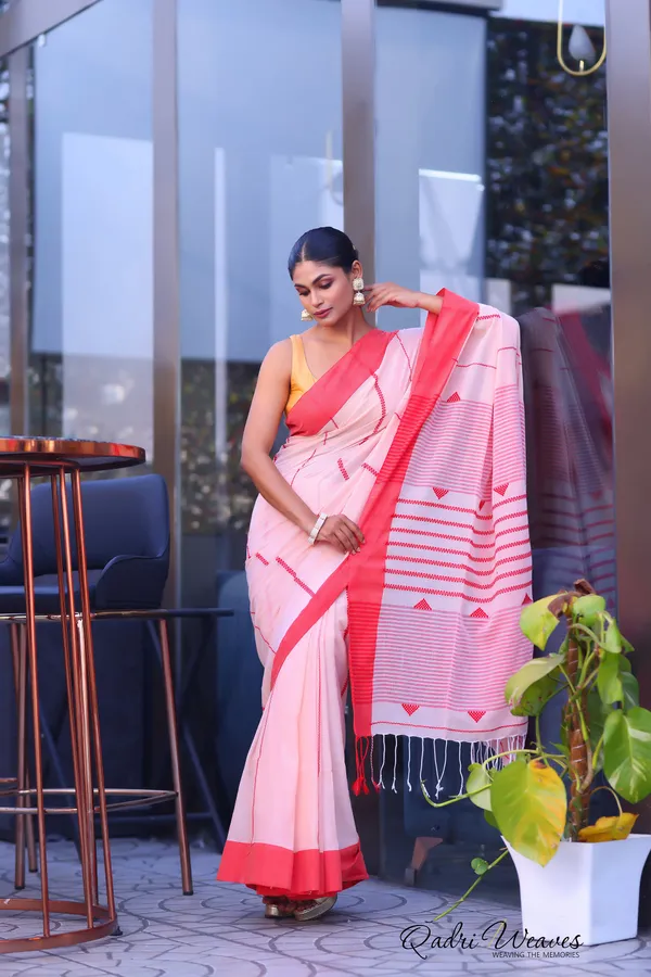 Handloom_Light_Red_Kantha_Design_With_Stylish_Striped_Pallu_Premium_Cotton_Saree