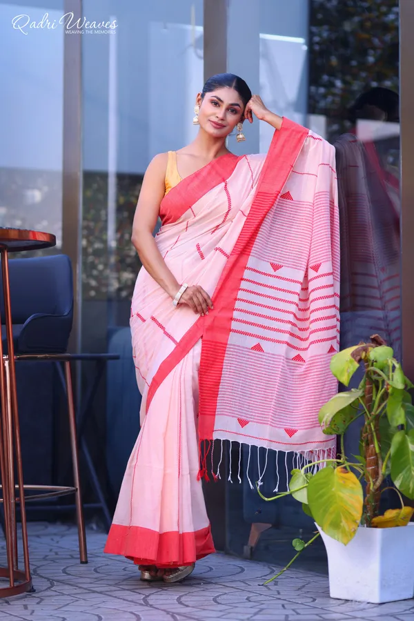 Handloom_Light_Red_Kantha_Design_With_Stylish_Striped_Pallu_Premium_Cotton_Saree