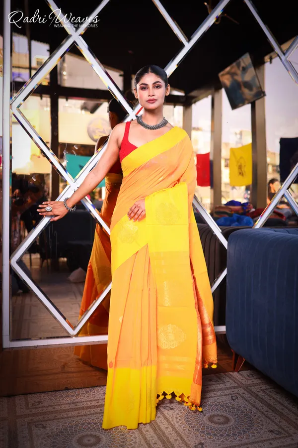Handloom_Orange_Yellow_Luxury_Banarasi_Cotton_With_Golden_Zari_Work_Saree