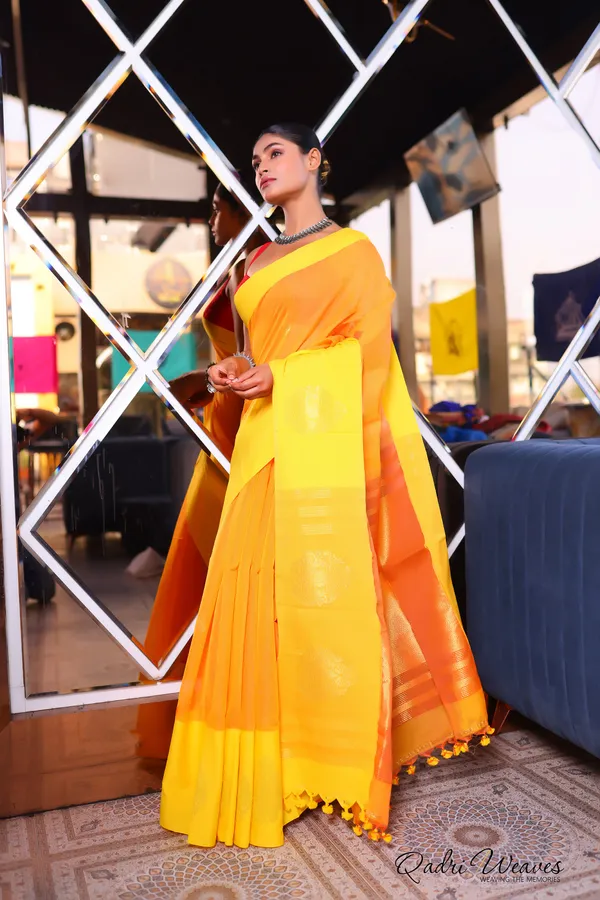 Handloom_Orange_Yellow_Luxury_Banarasi_Cotton_With_Golden_Zari_Work_Saree