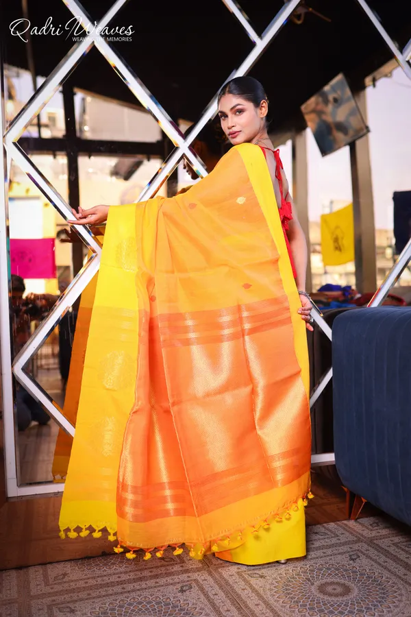 Handloom_Orange_Yellow_Luxury_Banarasi_Cotton_With_Golden_Zari_Work_Saree