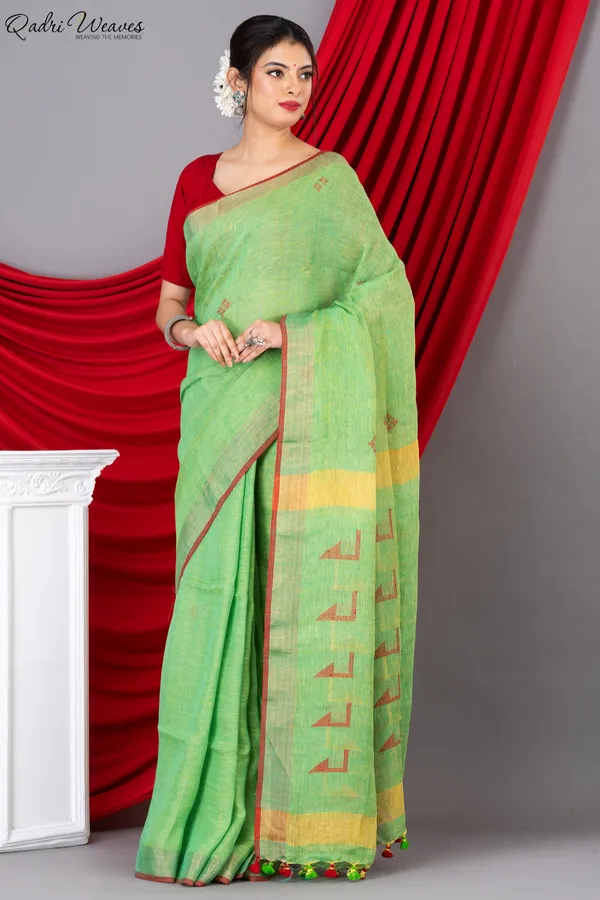 Handloom_Pear_Green_Pure_Linen_Jamdani_&_Fish_Motif_All_Saree