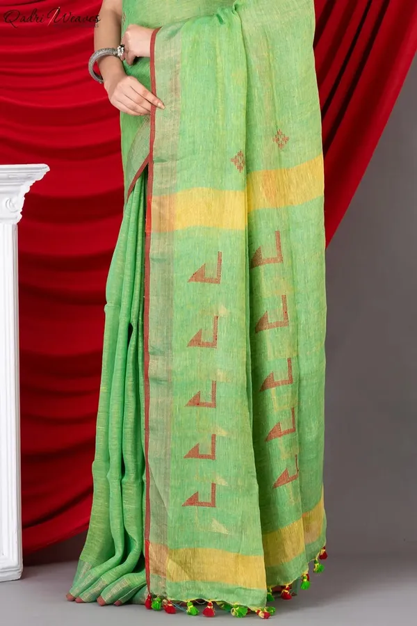 Handloom_Pear_Green_Pure_Linen_Jamdani_&_Fish_Motif_All_Saree