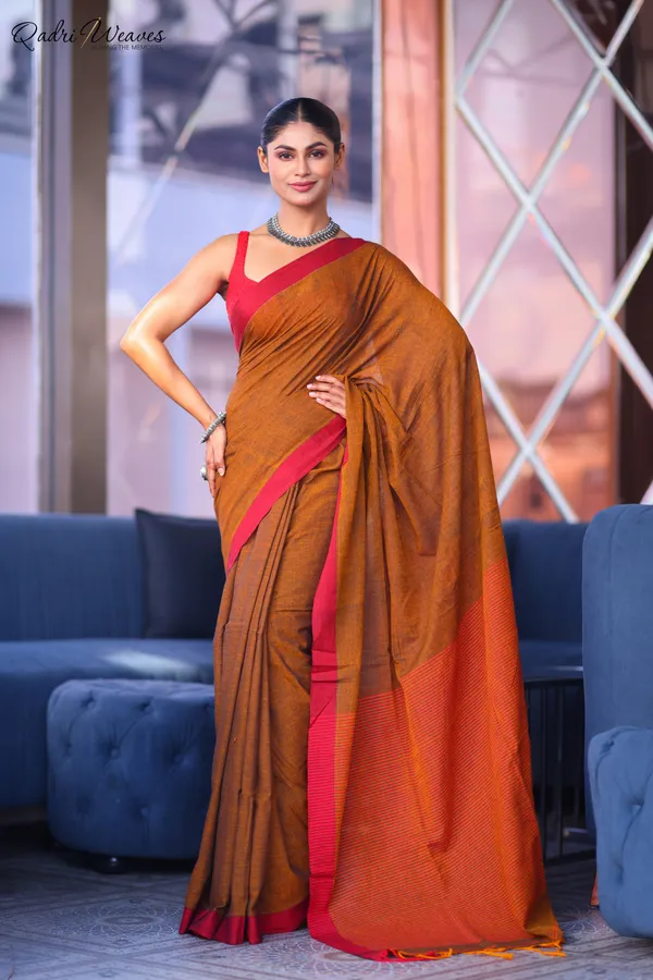 Handloom_Plain_Mustard_Brown_With_Striped_Pallu_Design_Pure_Premium_Cotton_Saree