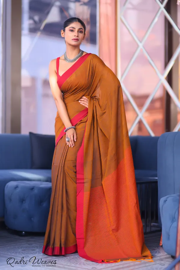 Handloom_Plain_Mustard_Brown_With_Striped_Pallu_Design_Pure_Premium_Cotton_Saree