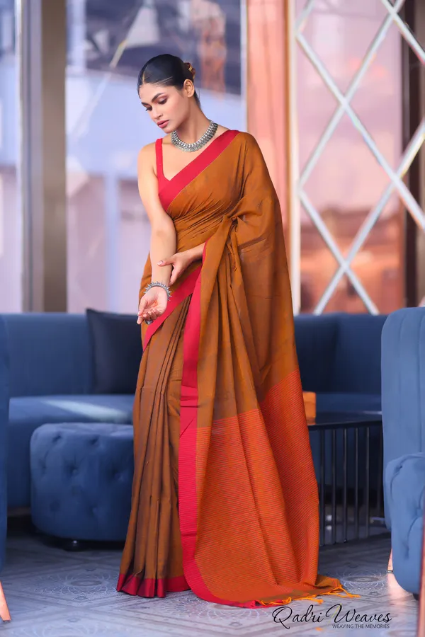 Handloom_Plain_Mustard_Brown_With_Striped_Pallu_Design_Pure_Premium_Cotton_Saree