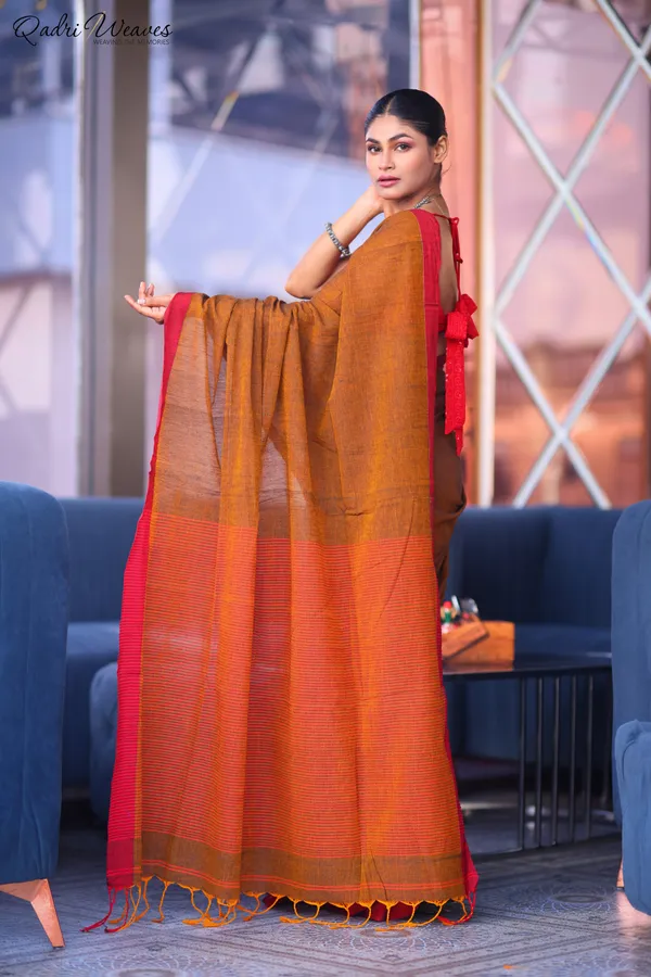 Handloom_Plain_Mustard_Brown_With_Striped_Pallu_Design_Pure_Premium_Cotton_Saree
