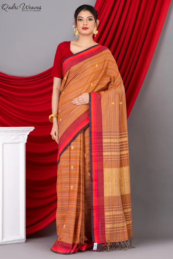 Handloom_Princeton_Orange_Khadi_Cotton_Tangail_Saree