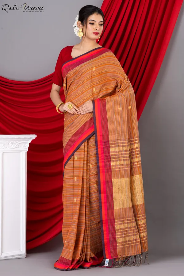 Handloom_Princeton_Orange_Khadi_Cotton_Tangail_Saree