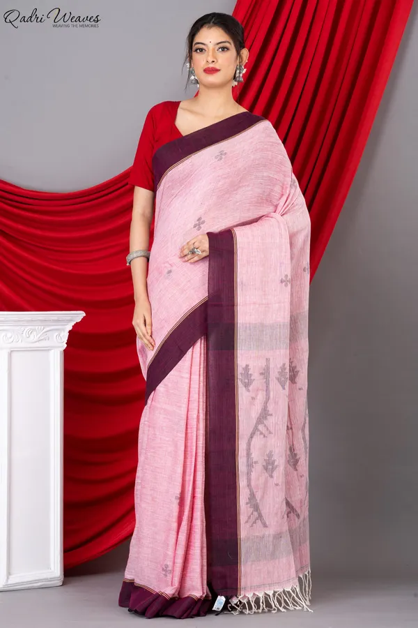 Handloom_Rose_Pink_Pure_Khadi_Jamdani_Saree