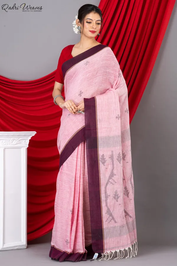 Handloom_Rose_Pink_Pure_Khadi_Jamdani_Saree
