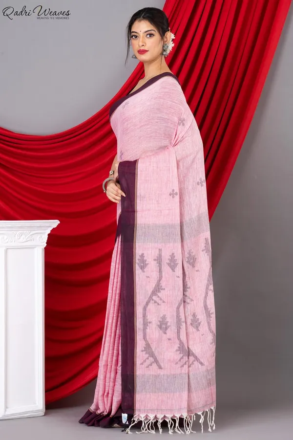 Handloom_Rose_Pink_Pure_Khadi_Jamdani_Saree