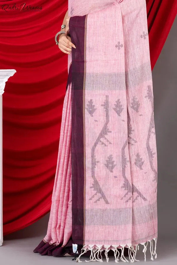 Handloom_Rose_Pink_Pure_Khadi_Jamdani_Saree
