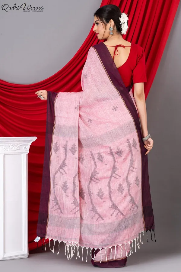 Handloom_Rose_Pink_Pure_Khadi_Jamdani_Saree