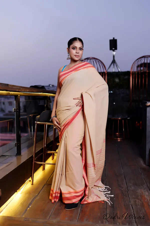Handloom_Sand_Brown_With_Striped_Pallu_And_Elegant_Temple_Border_Saree