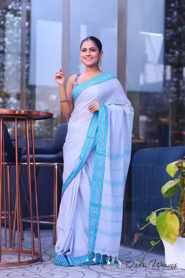 Handloom_Silver_Grey_Pure_Cotton_Striped_With_Border_Work_Saree_With_Blouse