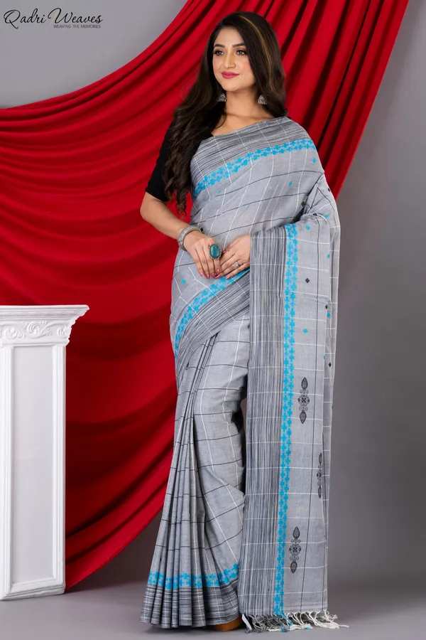 Handloom_Silver_Grey_Mercerized_Cotton_(100/2_Count)_Saree