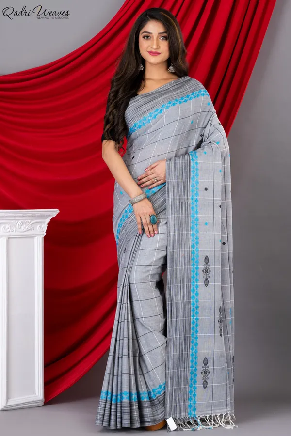 Handloom_Silver_Grey_Mercerized_Cotton_(100/2_Count)_Saree