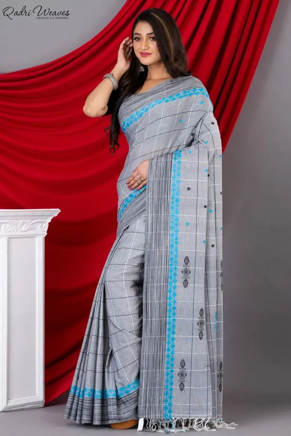 Handloom_Silver_Grey_Mercerized_Cotton_(100/2_Count)_Saree