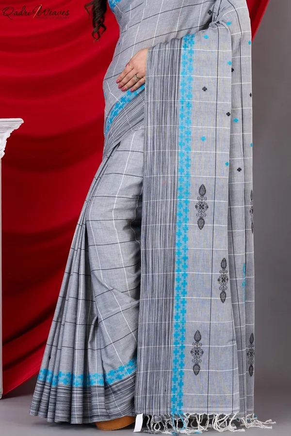 Handloom_Silver_Grey_Mercerized_Cotton_(100/2_Count)_Saree