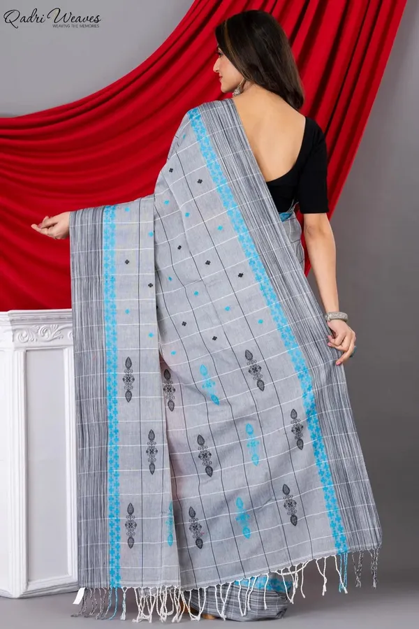 Handloom_Silver_Grey_Mercerized_Cotton_(100/2_Count)_Saree