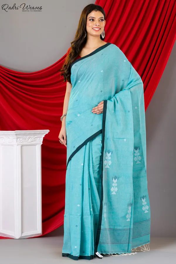 Handloom_Sky_Blue_Pure_Handspun_Khadi_Cotton_Tangail_Saree