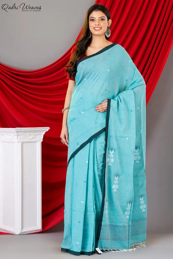 Handloom_Sky_Blue_Pure_Handspun_Khadi_Cotton_Tangail_Saree