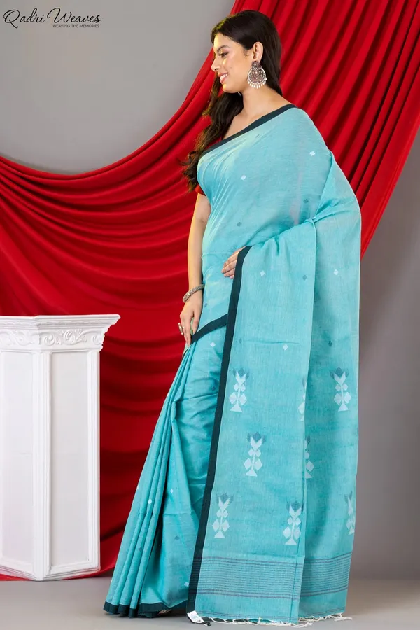 Handloom_Sky_Blue_Pure_Handspun_Khadi_Cotton_Tangail_Saree