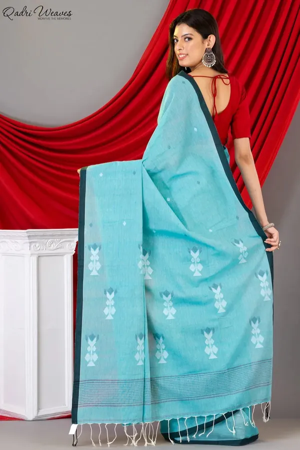 Handloom_Sky_Blue_Pure_Handspun_Khadi_Cotton_Tangail_Saree