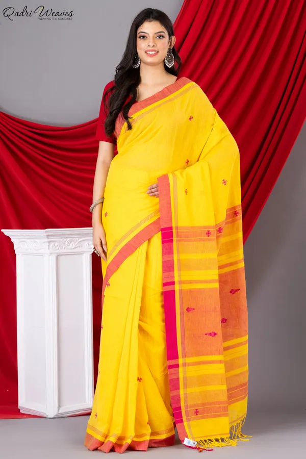 Handloom_Sunflower_&_Pink_Fish_Motif_Premium_Khadi_Cotton_Saree