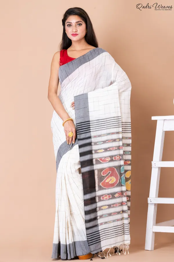Handloom_White_Check_Pure_Cotton_Ikat_Saree
