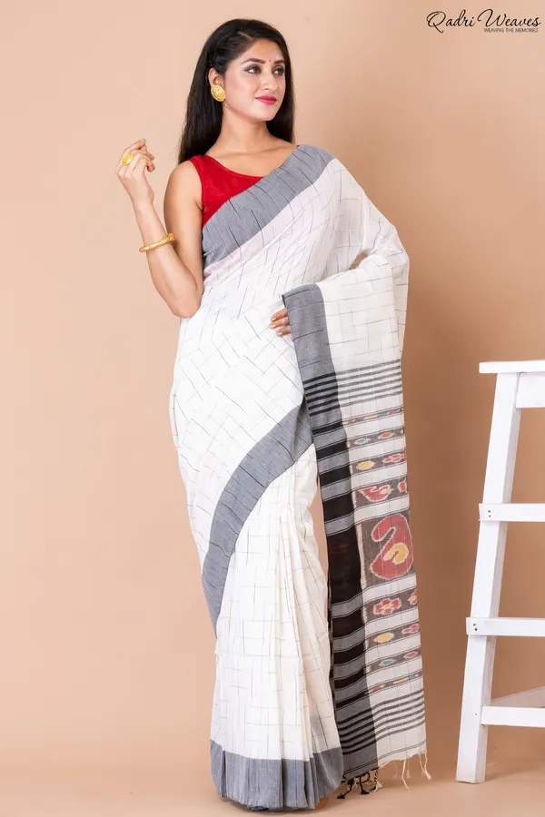 Handloom_White_Check_Pure_Cotton_Ikat_Saree