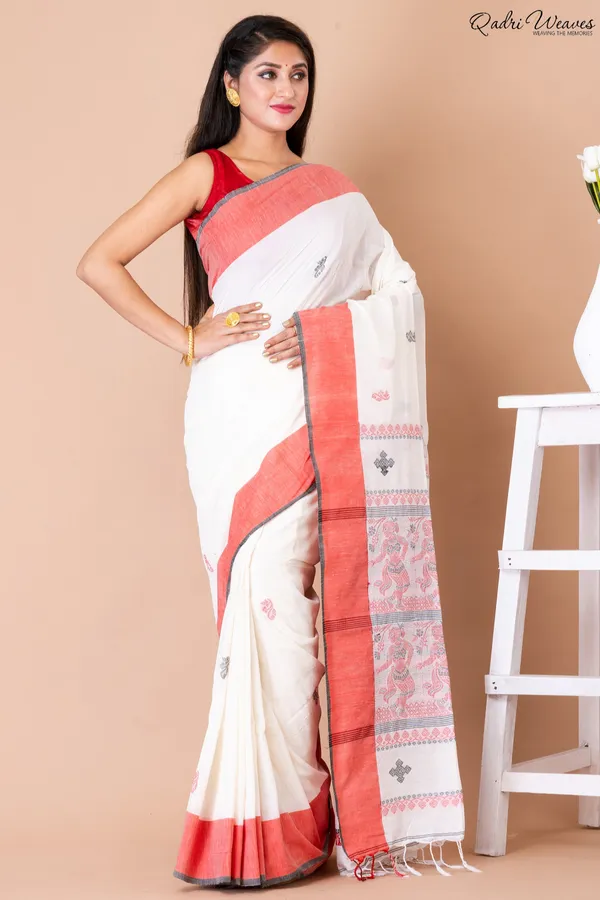 Handloom_White_&_Pale_Red_Baluchari_Saree