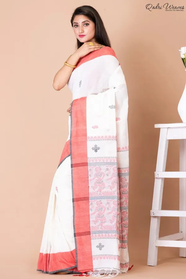 Handloom_White_&_Pale_Red_Baluchari_Saree