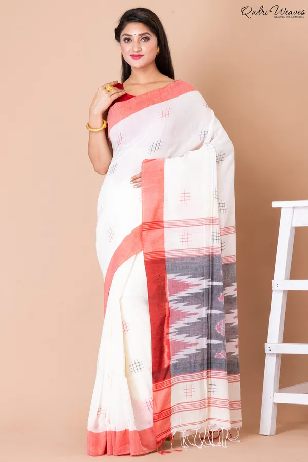Handloom_White_Pure_Cotton_Ikat_Saree