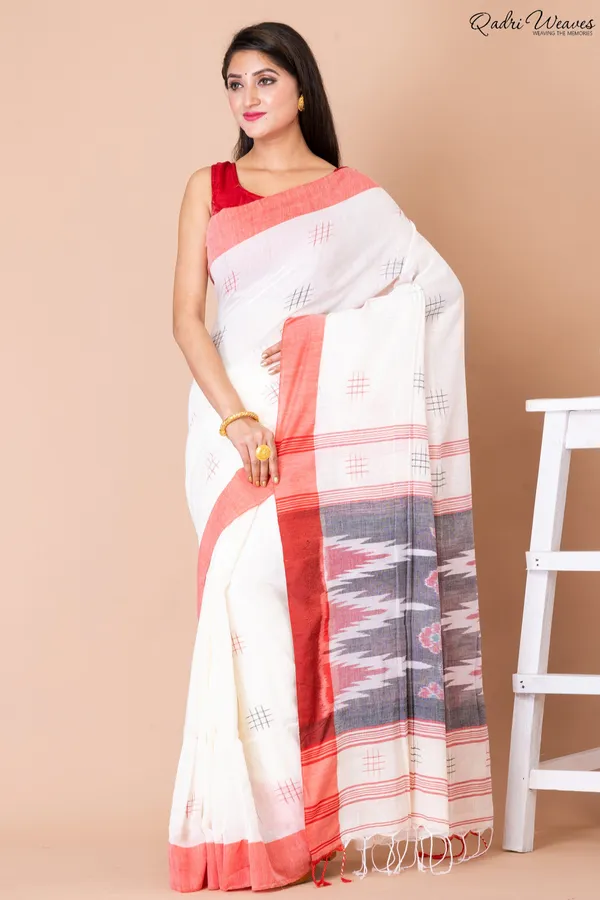 Handloom_White_Pure_Cotton_Ikat_Saree