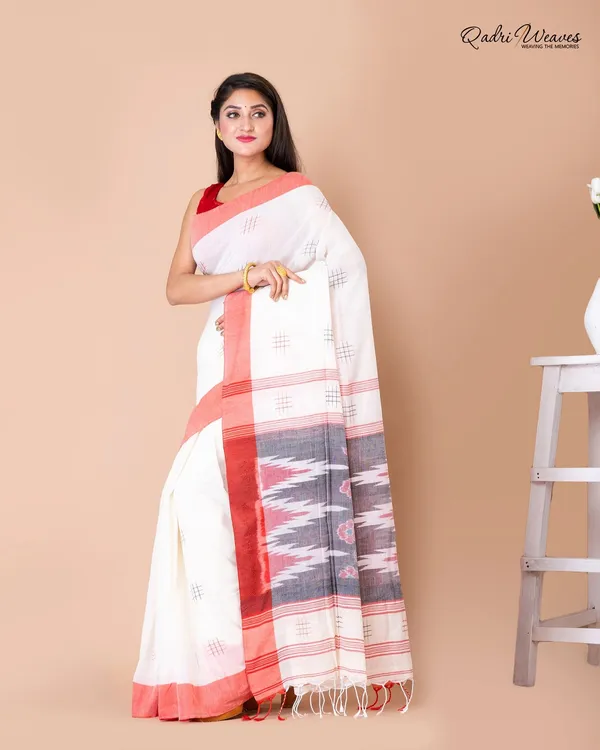 Handloom_White_Pure_Cotton_Ikat_Saree